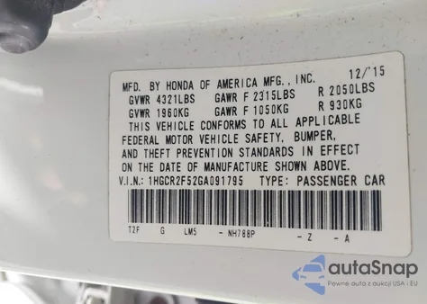 2016 Honda Accord Sport from USA, damaged, VIN 1HGCR2F52GA091795